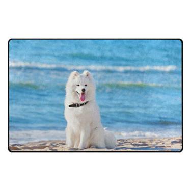 Imagem de Top Carpenter Tapete de área branco para cachorro Samoied sentado na praia Capacho para entrada de piso de madeira sala de estar quarto 78,7 x 1,8 m (78,7 x 50,8 cm)