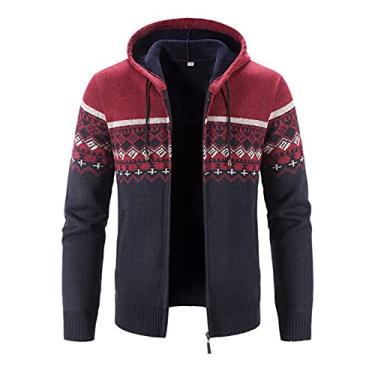 Imagem de Cobertor com capuz masculino moda inverno suéter jaqueta manga longa plus veludo grosso capuz diamante moletom pulôver, Vinho, XG