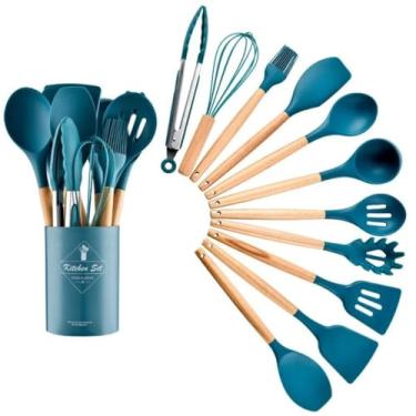 Imagem de Jogo Kit 12 Peças Utensílios Cozinha Silicone Premium C/Cabo Madeira Escumadeira Espátula Concha Pote Azul Vermelho Cinza Rosa Preto Branco (AZUL)