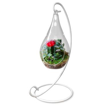 Imagem de BANBERRY DESIGNS Air Plant Holder - Hanging Glass Vase Teardrop Terrarium with White Wrought Iron Metal Stand – Planter for DIY Flower and Succulent Plants - 9 Inch Stand