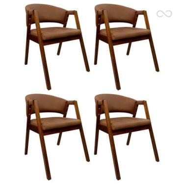 Imagem de Kit 4 Cadeiras De Jantar Estofada Curva Em Madeira Com Braço Castanho