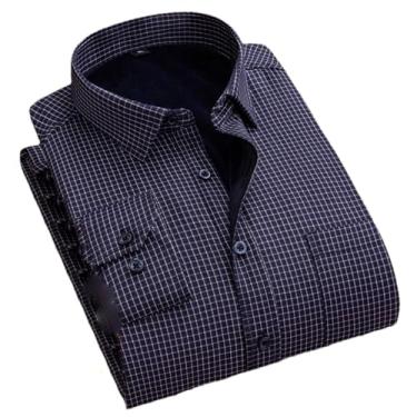 Imagem de Camisa masculina xadrez listrada de inverno quente manga longa masculina casual forrada macia de pelúcia, Grade turquesa, PP