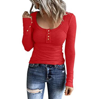 Imagem de Blusa feminina casual gola redonda, manga comprida, cor sólida, macia, leve, solta, blusas femininas para o trabalho, Vermelho, XXG