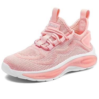 Imagem de RUNSIDE Tênis para meninos e meninas para corrida leve tênis esportivo leve casual respirável caminhada com cadarço para uso ao ar livre, rosa, 6 Big Kid