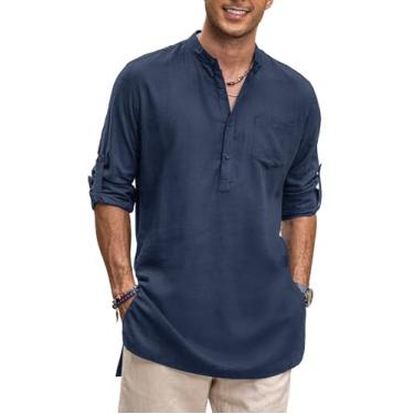 Imagem de COOFANDY Camisetas masculinas Henley de linho manga comprida sem colarinho, camisa de praia Kurta Longline com bolso, Azul marinho, P