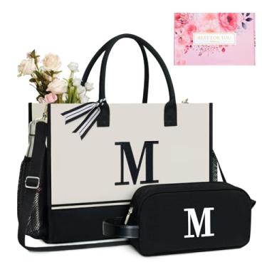 Imagem de TOPDesign Sacola com inicial personalizada com 5 bolsos, fecho de zíper superior, conjunto de presente de aniversário para mulheres, mães, professoras, Preto e branco, Large