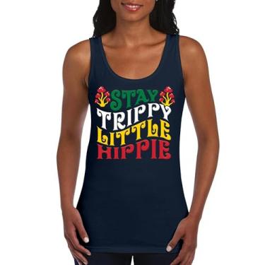 Imagem de Camiseta regata feminina Stay Trippy Little Hippie Puff Print Hippies Vintage Peace Love Happiness Retro 70s Cogumelos, Azul marinho, XXG