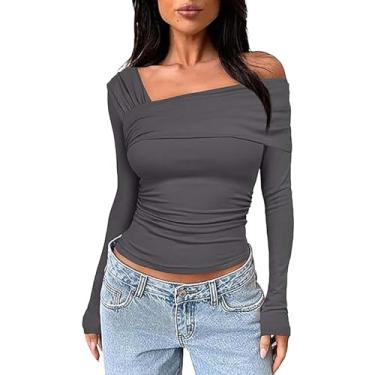 Imagem de Camiseta feminina Y_2k com ombro de fora, manga comprida, franzida, caimento justo, camiseta lisa, Cinza escuro, M
