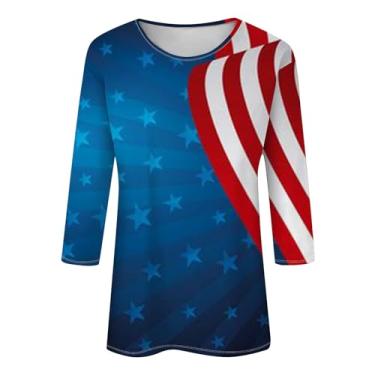 Imagem de Camisetas femininas 4Th of July Stars Stripes Patriotic manga 3/4 gola redonda com estampa engraçada, Azul escuro, G