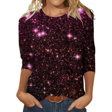 Imagem de Camisetas femininas de manga 3/4 casual, solta, brilhante, gola redonda, básica, leve, blusa de roupas de verão 2024, Ouro rosa, 3G