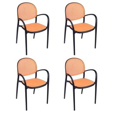 Imagem de Loft7 Home Decor, Kit 4 Cadeiras Jantar Cozinha Cafeteria com Braços Mumbai Tela Palha Plástico - Preto