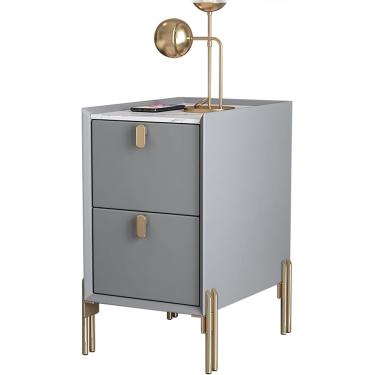 Imagem de Mesa lateral estreita de meados do século | Mesa de cabeceira moderna com 2 gavetas de armazenamento | Mesa de cabeceira minimalista de pedra sinterizada para espaços pequenos, cinza claro (