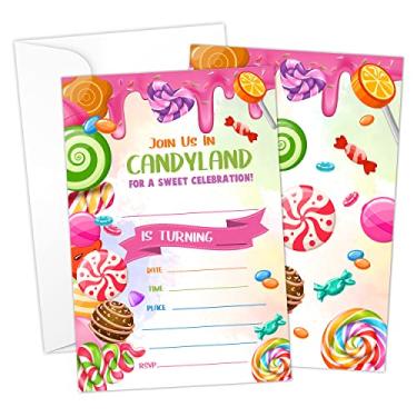 Imagem de HOUSPEAK Cartões de preenchimento de convites de aniversário doces com envelopes (20 unidades), artigos de festa Candyland para crianças, adolescentes ou qualquer idade meninos e meninas - A22