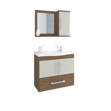 Imagem de Gabinete Para Banheiro Com Lavatório E Espelho Atenas Amendoa E Off White MGM Móveis 65cm