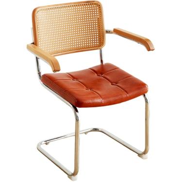 Imagem de Cadeira de jantar, cadeira de cozinha estofada em couro PU com encosto e corrimão de vime, espreguiçadeira de meados do século para sala de estar/quarto/sala de jantar/pátio, B