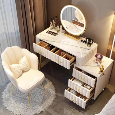 Imagem de Penteadeira de mesa de maquiagem com banco - penteadeira de quarto com espelho e cômoda de 5 gavetas, fácil de montar, cômoda leve ajustável para mulheres e meninas, 100 cm-130 cm