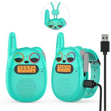 Imagem de QNIGLO Q136 Kitten Infantil Walkie Talkie com rádio FM, FRS 2Km Alcance piscando LED Eyes Pulseira de relógio portátil, Camping Running, Melhor presente e brinquedo para crianças (Tiffanyblue)