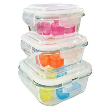 Imagem de Kit 3x Pote Marmita de Vidro Quadrado Hermético c/ Tampa e Trava 320ml