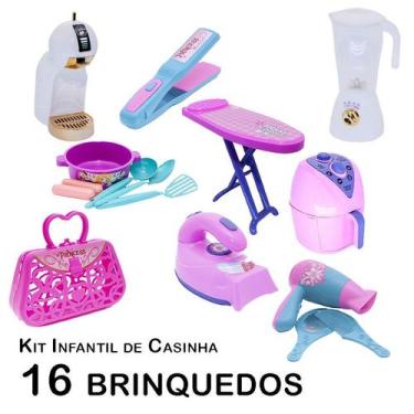 Imagem de Kit Casinha Infantil Cafeteira Ferro Tábua Secador 16pç - Zuca Toys