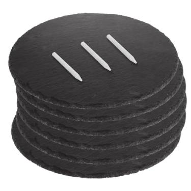 Imagem de ZOFORTY 6 peças tábua redonda de ardósia para queijo, 19 cm, tábua de charcutaria de ardósia preta com 3 giz, prato de pedra de ardósia para servir queijo, carne, sushi, aperitivos