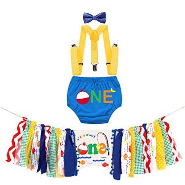 Imagem de MYRISAM Ofishally One Baby Kit de decoração de bolo de 1º aniversário, faixa alta, capa de fralda, suspensórios, gravata borboleta, 002 Azul, One Size
