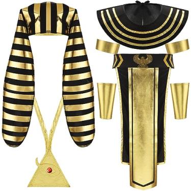 Imagem de Xtinmee 8 Pcs Egyptian Costume Accessory Set,Egyptian Headpiece,King TUT,King Pharaoh Costume Included Pharaoh Hat, Cuffs, Armband, Belt, Pharaoh Collar and Necklace for Halloween King Tut Cosplay