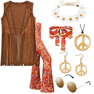 Imagem de ZeroShop Acessórios hippie de Halloween, roupas de fantasia dos anos 70, colete com franjas, calças de roupas dos anos 60, óculos hippie, faixas de cabeça, coroa de flores, brincos, colares para