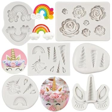 Imagem de Moldes de silicone de unicórnio orelhas de chifre de unicórnio molde de fondant de flor rosa arco-íris para decoração de bolos topo de cupcake artesanato chocolate doce pasta de goma de polímero