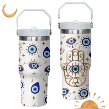 Imagem de Copo de olho turco de 850 g com alça e canudo dobrável, copo isolado de aço inoxidável com olhos turcos, caneca de café de viagem, garrafa de água, presentes de aniversário para mulheres e homens