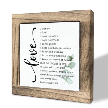 Imagem de Gkwa Versículo Da Bíblia Coríntios 13:4-8 Placa de Caixa, O Amor Nunca Falha, Placa de Madeira para Presente de Mesa, Placa de Amor Rústica, Placa de Bloco de Madeira para Aniversá(Madeira Burlywood)
