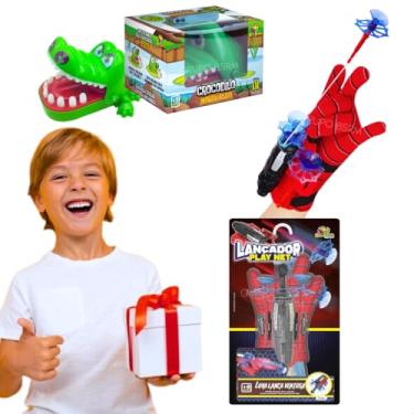 Imagem de Kit brinquedos educativos infantil crocodilo morde dedo pegadinha + Luva aranha Lançador de Dardos Ventosa lança teia presente menino dia das criança aniversario natal