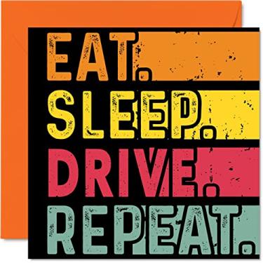 Imagem de Cartão de aniversário engraçado para ela ou ele - Eat, Sleep, Drive, Repeat - Cartões de feliz aniversário para amantes de motos, presentes de aniversário de 145 mm x 145 mm para todas as ocasiões, crianças ou adultos