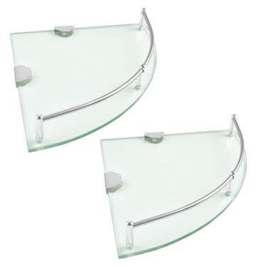 Imagem de Boocalny Pacote com 2 prateleiras de canto de vidro, prateleira de chuveiro de canto com trilhos de aço inoxidável, suporte de chuveiro de vidro temperado, prateleira de vidro montada na parede para
