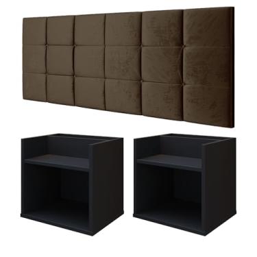 Imagem de Kit 2 Mesas Suspensa Madri Preto Nicho Aparador Lateral Cabeceira Bia 1,60 Painel Cama Box Queen Size Marrom Suede Quarto