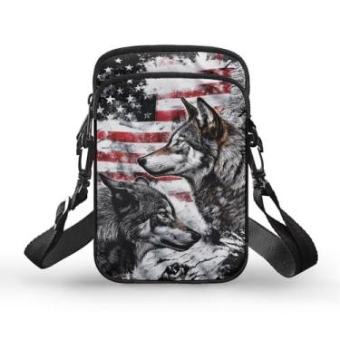 Imagem de YECARYPOD Bolsa para celular, carteira, bolsa transversal, leve, espaçosa, bolsos para smartphone e braçadeira esportiva, Lobo com bandeira americana, One Size