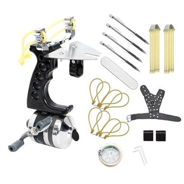 Imagem de Mefape Kit de estilingue de pesca, tiro de estilingue de pesca 2 em 1 com carretel de pesca de estilingue de aço inoxidável, dardos de peixe e placa de linha com fenda, arco de estilingue para