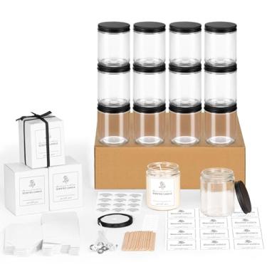 Imagem de Pacote com 12 frascos de vidro de 227 g com tampas de metal, frascos de vela com kits de fabricação de velas, etiquetas, caixa de presente, potes de conserva vazios, para armazenamento de alimentos