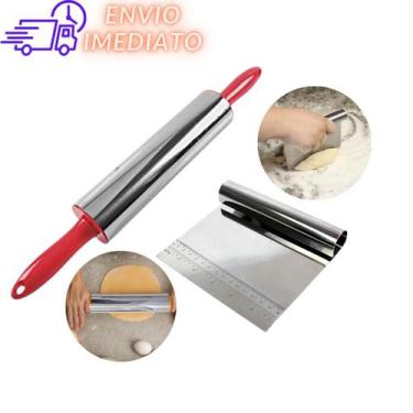 Imagem de Kit Rolo e Espátula Raspador Cortador Confeiteiro Massa em Inox - SQ S