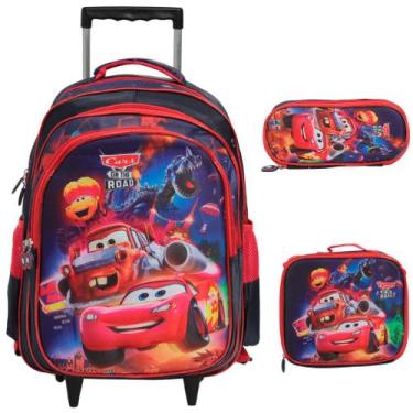 Imagem de Kit Mochila Infantil Masculina Rodinha Carros 3d + Lancheira - Toys 2U