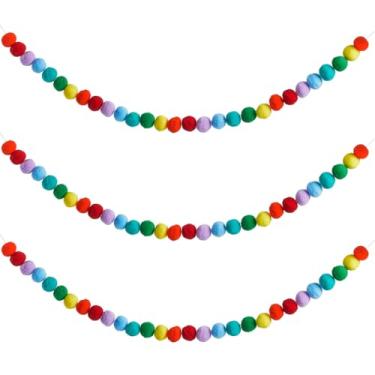 Imagem de CRASPIRE 3 peças, guirlanda de bola de feltro, guirlanda de pompom colorido, 2,8 m, 30 bolas, decoração de pendurar no quarto, bola de feltro de lã, guirlanda de árvore de Natal, para festa de