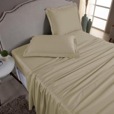 Imagem de Jogo de Cama 1000 Fios Algodão Egípcio Toque Gelado, Solteiro/Casal/Queen/King, Fronhas com Aba (Cáqui, Solteiro 3 Peças)