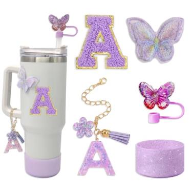 Imagem de Conjunto de acessórios Stanley Cup para Tumbler Stanley, incluindo capa de canudo de borboleta de 10 mm, pingentes de letras de copo, bota de silicone brilhante, adesivo de letras e adesivo bordado de