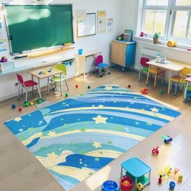 Imagem de Lacomfy Tapete infantil 3x5 colorido arco-íris amarelo azul estrelas meninos meninas quarto tapete antiderrapante bonito sala de jogos berçário tapete de chão