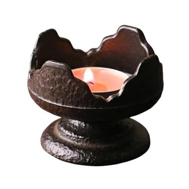Imagem de SECHUDO Castiçal de ferro fundido estilo japonês, pequenos castiçais vintage feitos à mão, suporte de vela de pilar rústico, suporte de vela de fazenda para prateleira de lareira decoração de casa