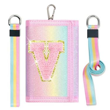 Imagem de cotmcor Carteiras infantis para meninas, adolescentes, 6-8, 8-10 anos, linda bolsa infantil com inicial de rebanho, bolso para moedas, glitter, arco-íris, carteira transversal para presentes de