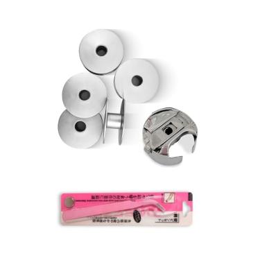 Imagem de Caixa De Bobina Carretilha para Máquina Reta Industrial + Kit 5 Bobinas Baixas de Alumínio para Máquina Doméstica + Pinça Ponta Curva para Costura Lmx-15-Pink Rosa