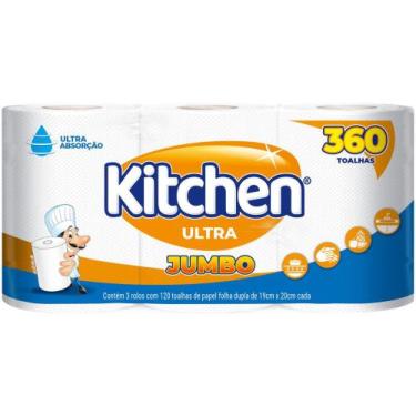 Imagem de Papel Toalha Folha Dupla Jumbo Kitchen - 3 Rolos 360 Folhas