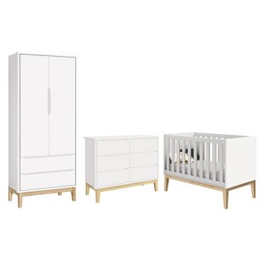 Imagem de Dormitório Completo Infantil Classic 2 Portas, Cômoda 6 Gavetas e Berço com Pés Madeira Natural - Reller Móveis Branco Fosco