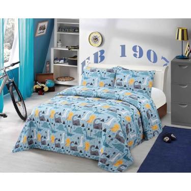 Imagem de Conjunto de colcha Kids Zone Collection, infantil, adolescentes, dinossauro, azul e amarelo, tema pré-histórico, solteiro