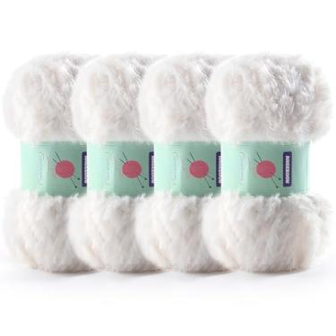 Imagem de 4 novelos de fio de pele sintética macio e volumoso para crochê - fio peludo de cílios para cobertores, cachecóis e suéteres, 100 onças/75 jardas por rolo (branco leite)